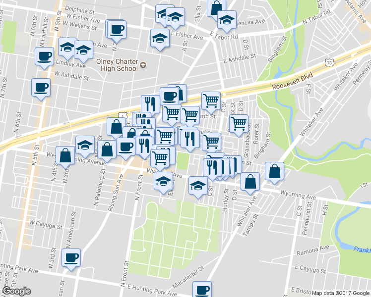 map of restaurants, bars, coffee shops, grocery stores, and more near 247 East Loudon Street in Philadelphia