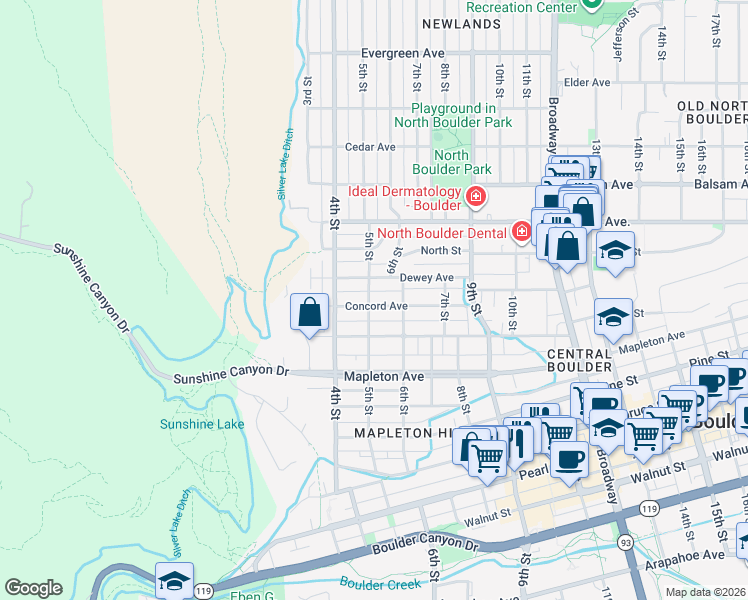 map of restaurants, bars, coffee shops, grocery stores, and more near 505 Concord Avenue in Boulder