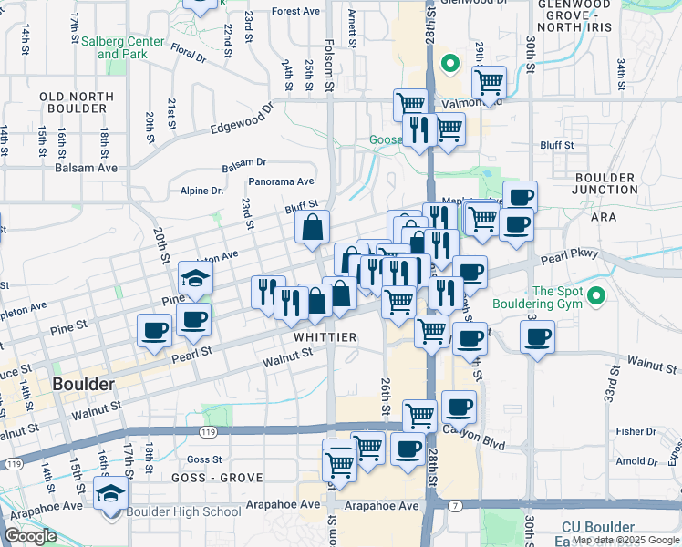 map of restaurants, bars, coffee shops, grocery stores, and more near 2525 Spruce Street in Boulder