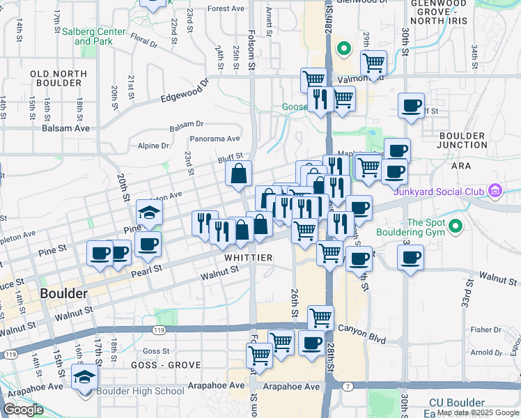 map of restaurants, bars, coffee shops, grocery stores, and more near 2525 Spruce Street in Boulder
