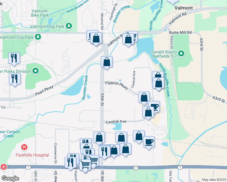 map of restaurants, bars, coffee shops, grocery stores, and more near 5576 Flatiron Parkway in Boulder