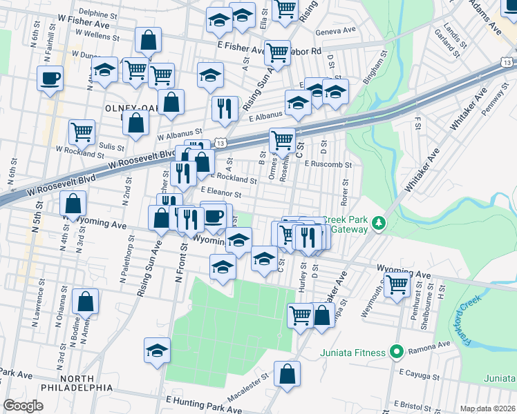 map of restaurants, bars, coffee shops, grocery stores, and more near 4813 B St in Philadelphia