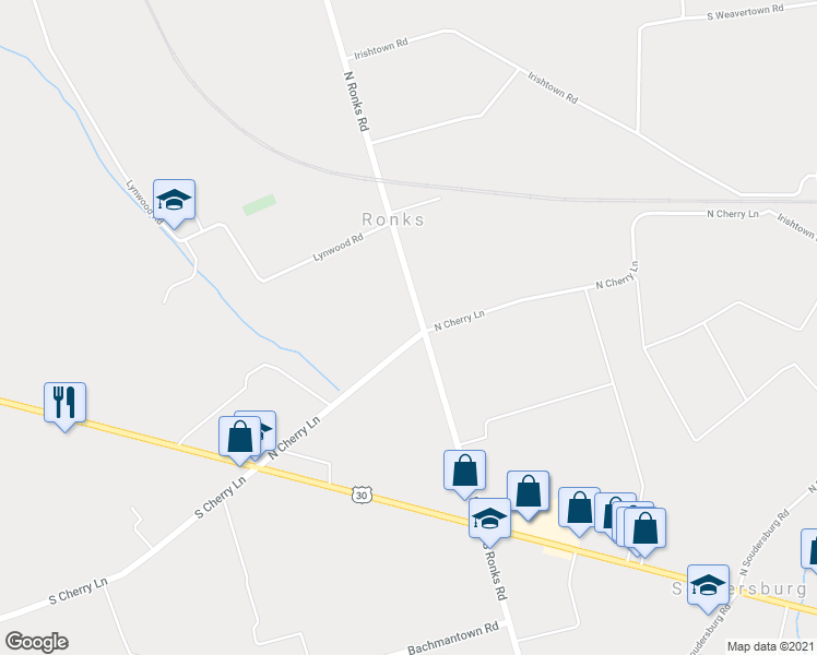 map of restaurants, bars, coffee shops, grocery stores, and more near 84 North Ronks Road in Ronks