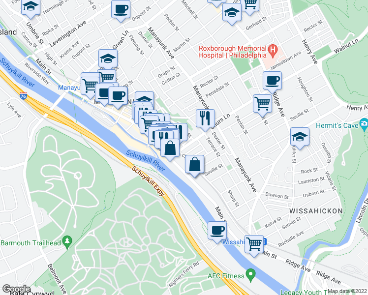 map of restaurants, bars, coffee shops, grocery stores, and more near 117 Shurs Lane in Philadelphia