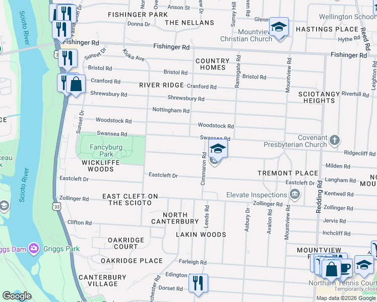 map of restaurants, bars, coffee shops, grocery stores, and more near 2490 Wickliffe Road in Columbus