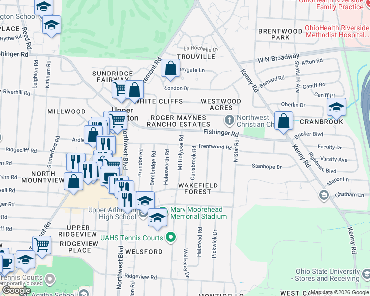 map of restaurants, bars, coffee shops, grocery stores, and more near 1465 Trentwood Road in Columbus