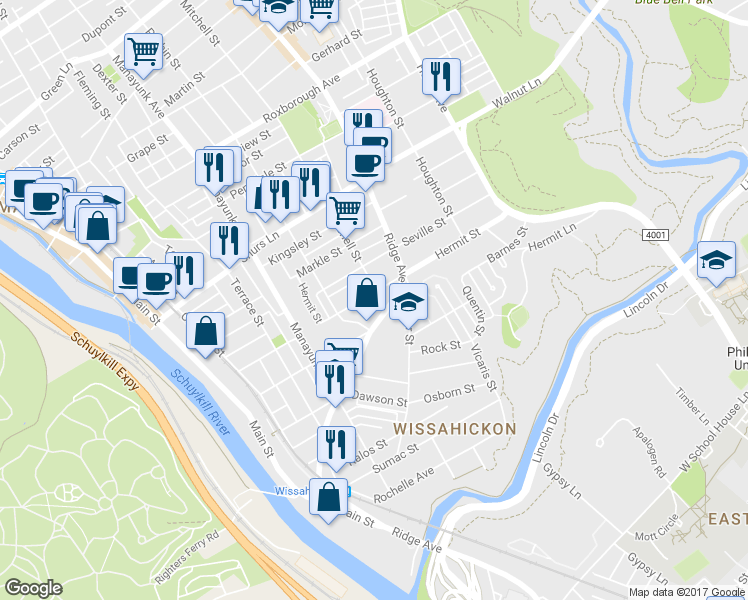 map of restaurants, bars, coffee shops, grocery stores, and more near 453 Hermit Street in Philadelphia