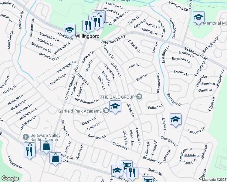 map of restaurants, bars, coffee shops, grocery stores, and more near 2 General Lane in Willingboro