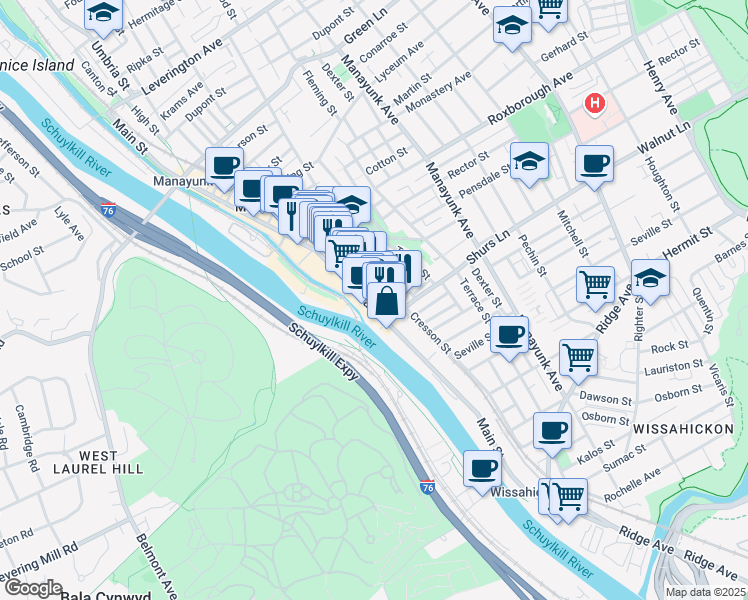 map of restaurants, bars, coffee shops, grocery stores, and more near 4139 Main Street in Philadelphia