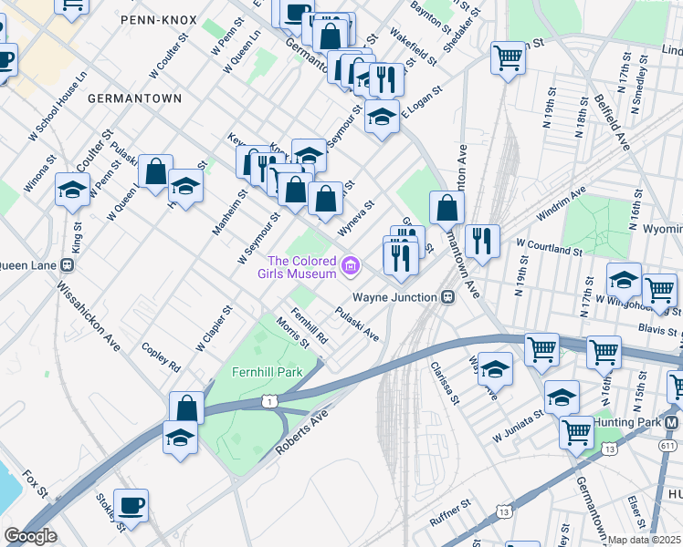 map of restaurants, bars, coffee shops, grocery stores, and more near 4625 Newhall Street in Philadelphia