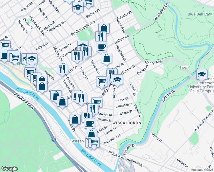 map of restaurants, bars, coffee shops, grocery stores, and more near 5440 Ridge Avenue in Philadelphia