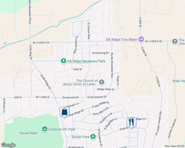 map of restaurants, bars, coffee shops, grocery stores, and more near 93 North Meadow Lark Lane in Elk Ridge