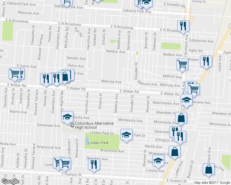 map of restaurants, bars, coffee shops, grocery stores, and more near 1405 East Weber Road in Columbus