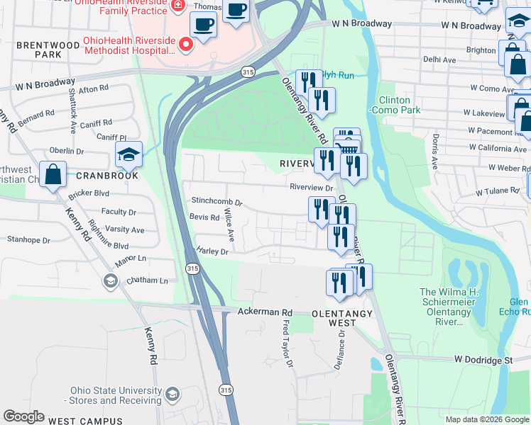 map of restaurants, bars, coffee shops, grocery stores, and more near Stinchcomb Drive in Columbus