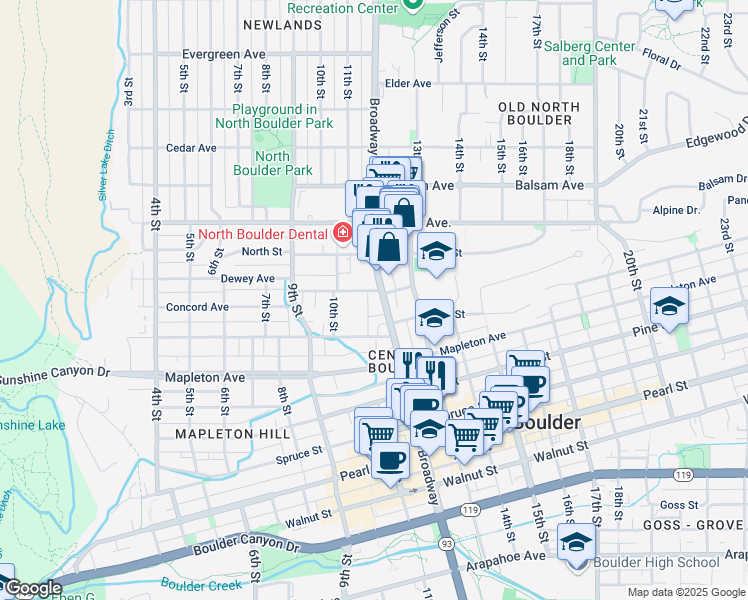 map of restaurants, bars, coffee shops, grocery stores, and more near 2463 Broadway in Boulder