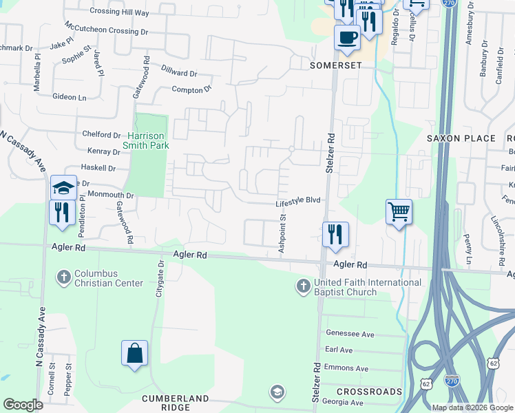 map of restaurants, bars, coffee shops, grocery stores, and more near 3639 Lifestyle Boulevard in Columbus
