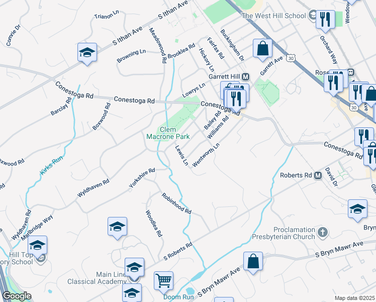 map of restaurants, bars, coffee shops, grocery stores, and more near 330 Williams Road in Bryn Mawr