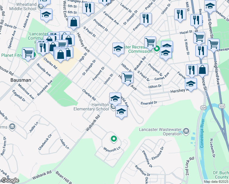 map of restaurants, bars, coffee shops, grocery stores, and more near 1201 Wabank Road in Lancaster
