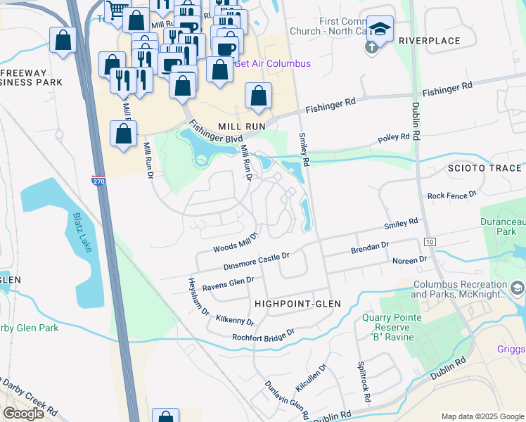 map of restaurants, bars, coffee shops, grocery stores, and more near 3377 Eastwoodlands Trail in Hilliard