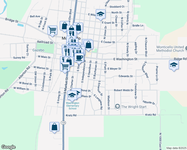 map of restaurants, bars, coffee shops, grocery stores, and more near 401 East Marion Street in Monticello