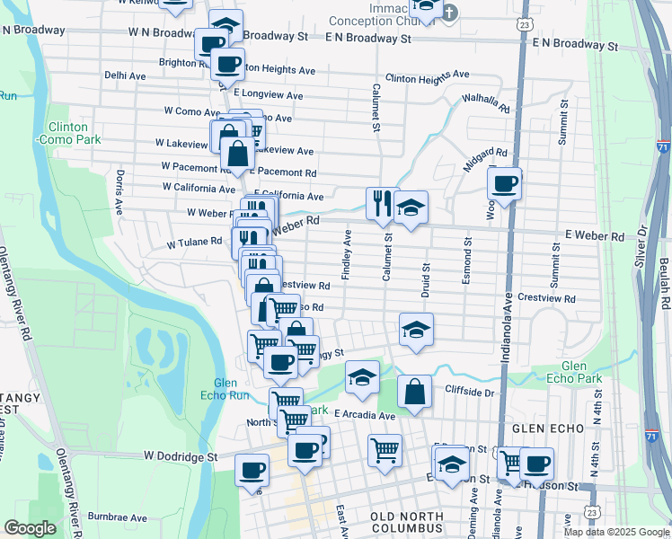 map of restaurants, bars, coffee shops, grocery stores, and more near 123 East Tulane Road in Columbus