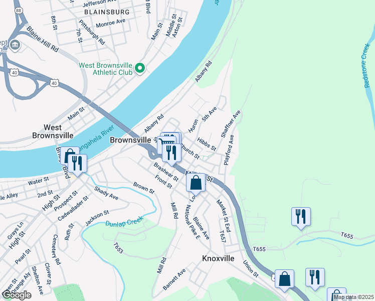 map of restaurants, bars, coffee shops, grocery stores, and more near Church Street in Brownsville