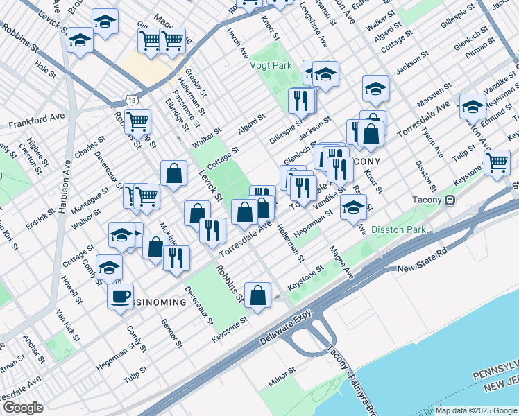 map of restaurants, bars, coffee shops, grocery stores, and more near 6444 Marsden Street in Philadelphia