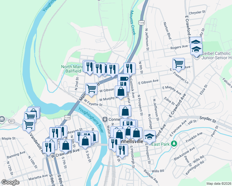 map of restaurants, bars, coffee shops, grocery stores, and more near 509 Johnson Avenue in Connellsville