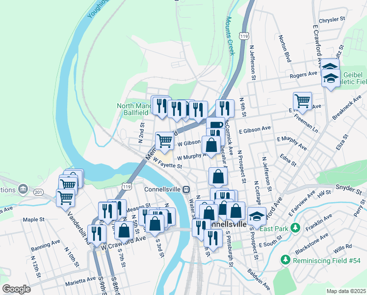 map of restaurants, bars, coffee shops, grocery stores, and more near 520 Highland Avenue in Connellsville