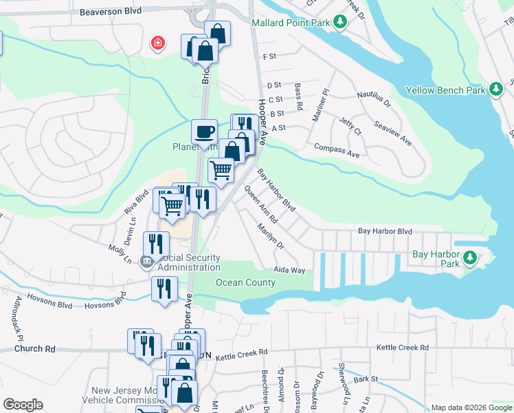 map of restaurants, bars, coffee shops, grocery stores, and more near 165 Queen Ann Road in Brick Township