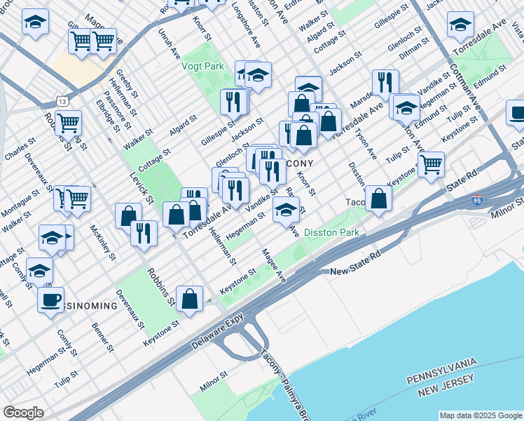 map of restaurants, bars, coffee shops, grocery stores, and more near 6630 Hegerman Street in Philadelphia
