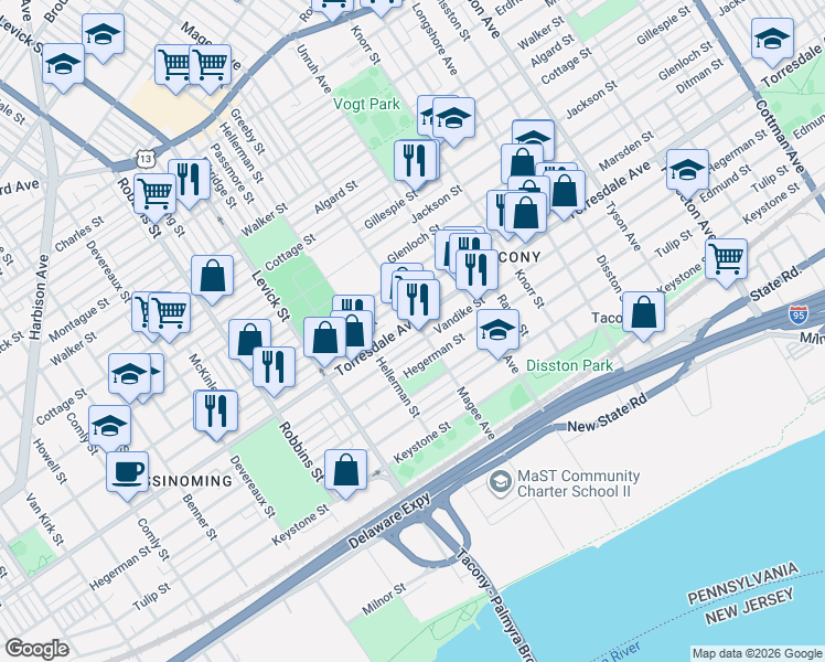 map of restaurants, bars, coffee shops, grocery stores, and more near 6555 Torresdale Avenue in Philadelphia