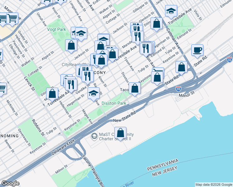 map of restaurants, bars, coffee shops, grocery stores, and more near 4917 Knorr Street in Philadelphia