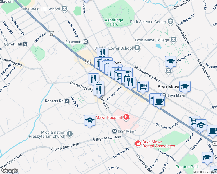 map of restaurants, bars, coffee shops, grocery stores, and more near 29 Thomas Avenue in Bryn Mawr