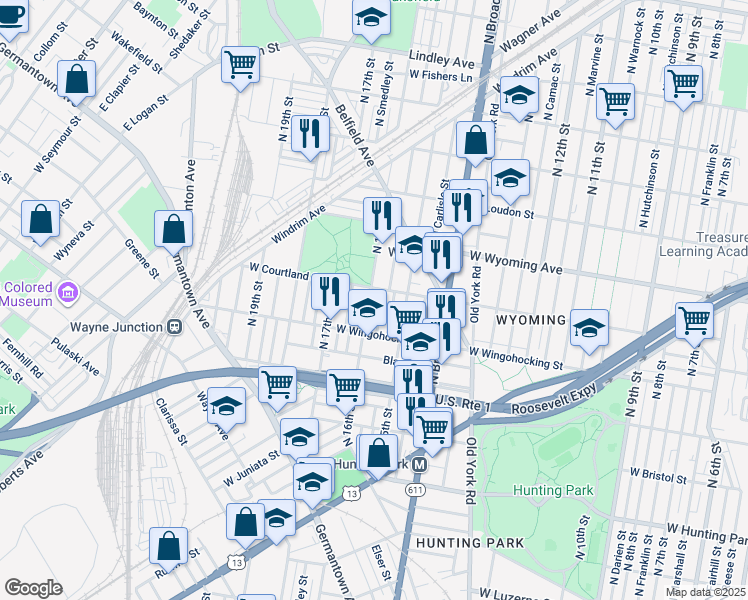 map of restaurants, bars, coffee shops, grocery stores, and more near 4549 North 16th Street in Philadelphia