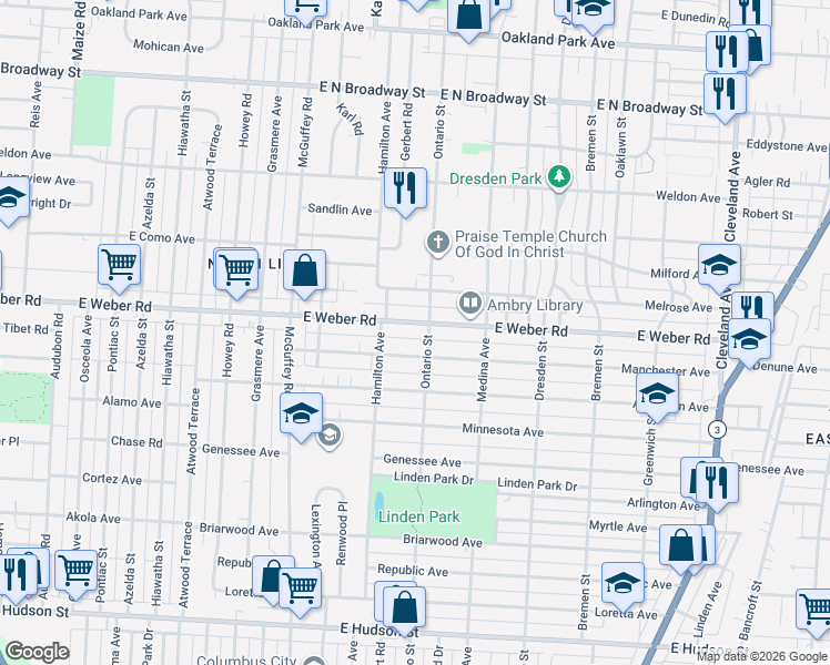 map of restaurants, bars, coffee shops, grocery stores, and more near 1295 East Weber Road in Columbus