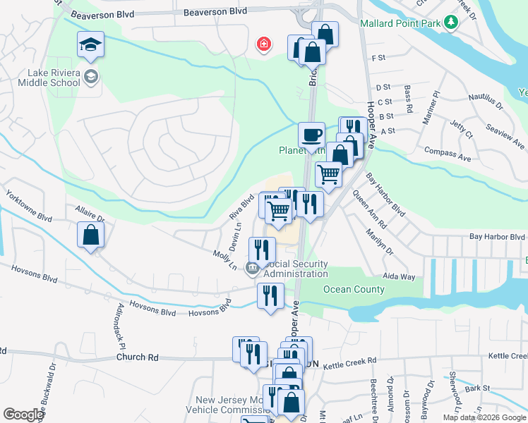 map of restaurants, bars, coffee shops, grocery stores, and more near 58 Riva Boulevard in Brick Township