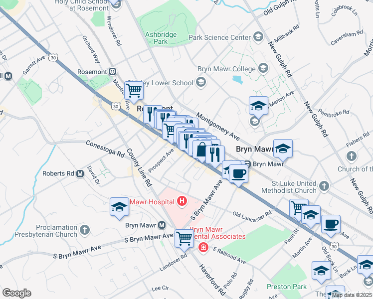 map of restaurants, bars, coffee shops, grocery stores, and more near 903 Lancaster Avenue in Bryn Mawr