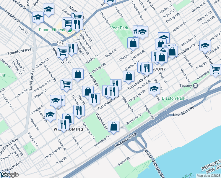 map of restaurants, bars, coffee shops, grocery stores, and more near 6443 Ditman Street in Philadelphia