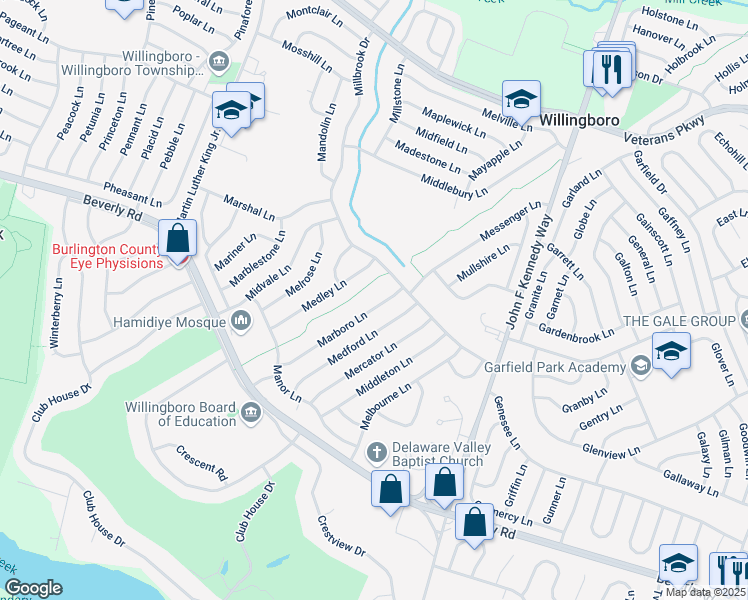 map of restaurants, bars, coffee shops, grocery stores, and more near 76 Marboro Lane in Willingboro