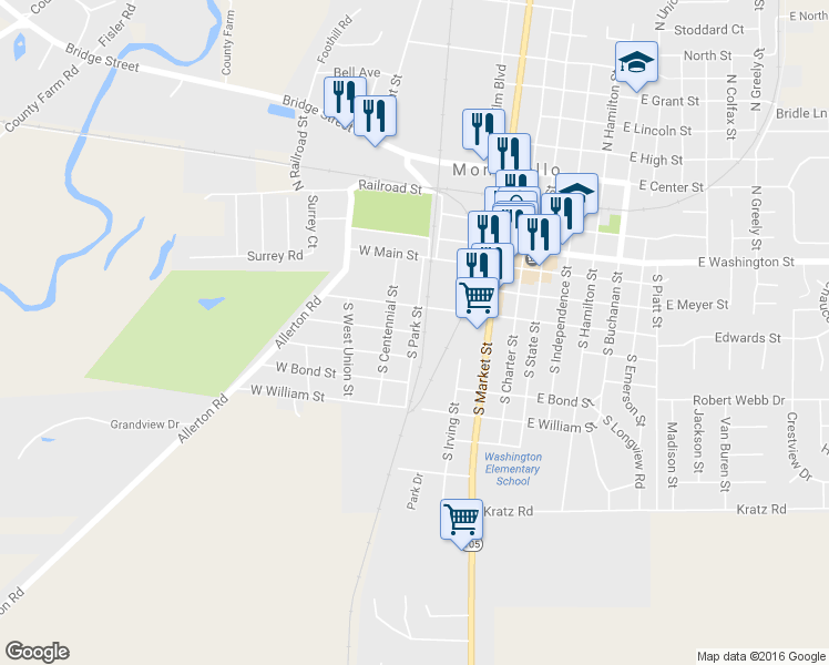 map of restaurants, bars, coffee shops, grocery stores, and more near 498 South Park Street in Monticello