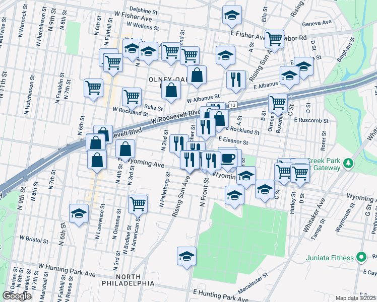 map of restaurants, bars, coffee shops, grocery stores, and more near 4740 North Mascher Street in Philadelphia