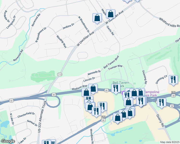 map of restaurants, bars, coffee shops, grocery stores, and more near 36 Kennedy Drive in Downingtown