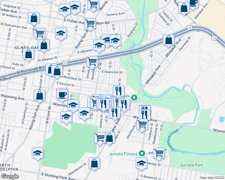 map of restaurants, bars, coffee shops, grocery stores, and more near 4842 Gransback Street in Philadelphia