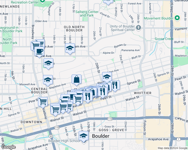 map of restaurants, bars, coffee shops, grocery stores, and more near 1913 Mapleton Avenue in Boulder