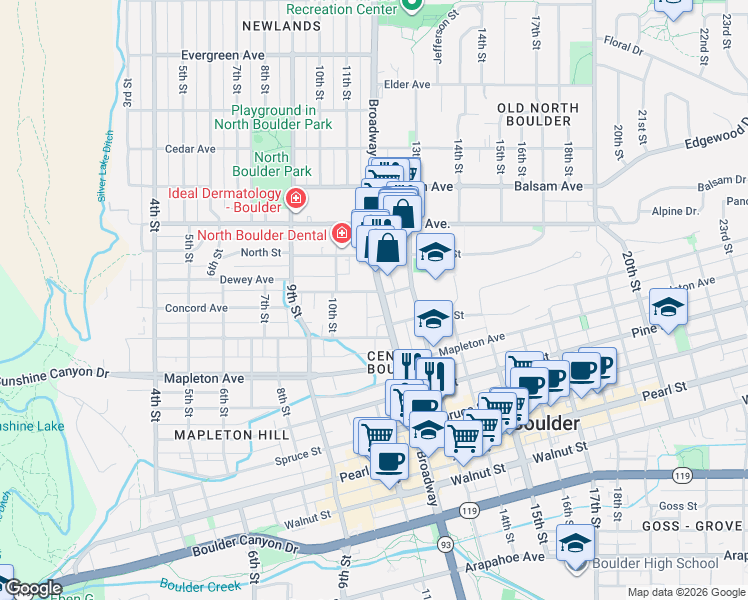 map of restaurants, bars, coffee shops, grocery stores, and more near 2463 Broadway in Boulder