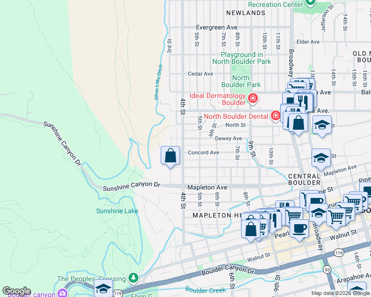 map of restaurants, bars, coffee shops, grocery stores, and more near 423 Concord Avenue in Boulder