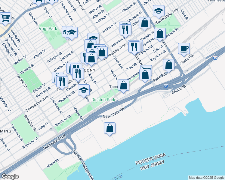map of restaurants, bars, coffee shops, grocery stores, and more near 6901 Keystone Street in Philadelphia
