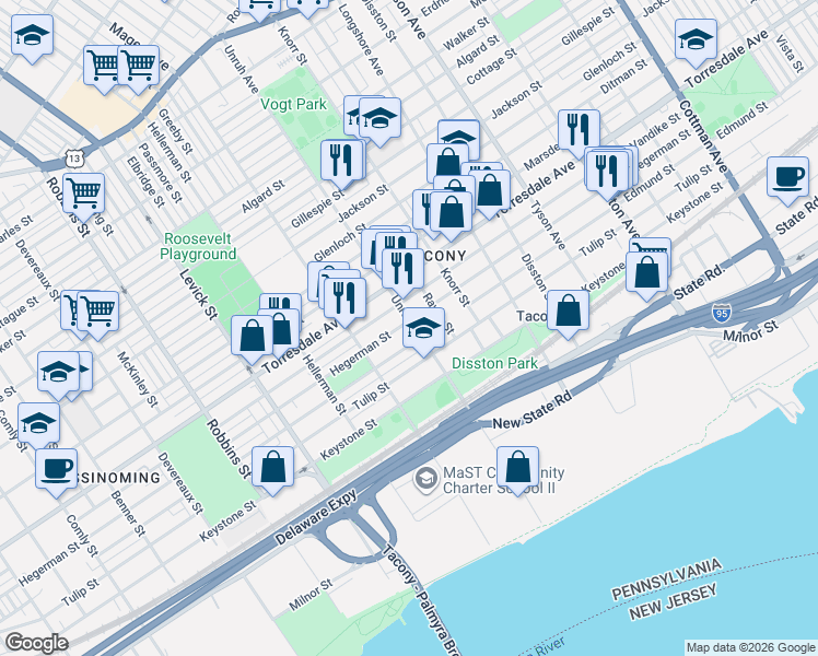 map of restaurants, bars, coffee shops, grocery stores, and more near 4811 Unruh Avenue in Philadelphia