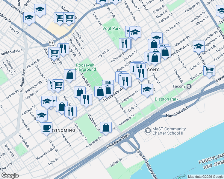 map of restaurants, bars, coffee shops, grocery stores, and more near 6524 Torresdale Avenue in Philadelphia